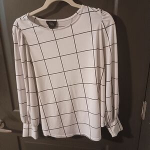 White Black Long Sleeve Grid Top